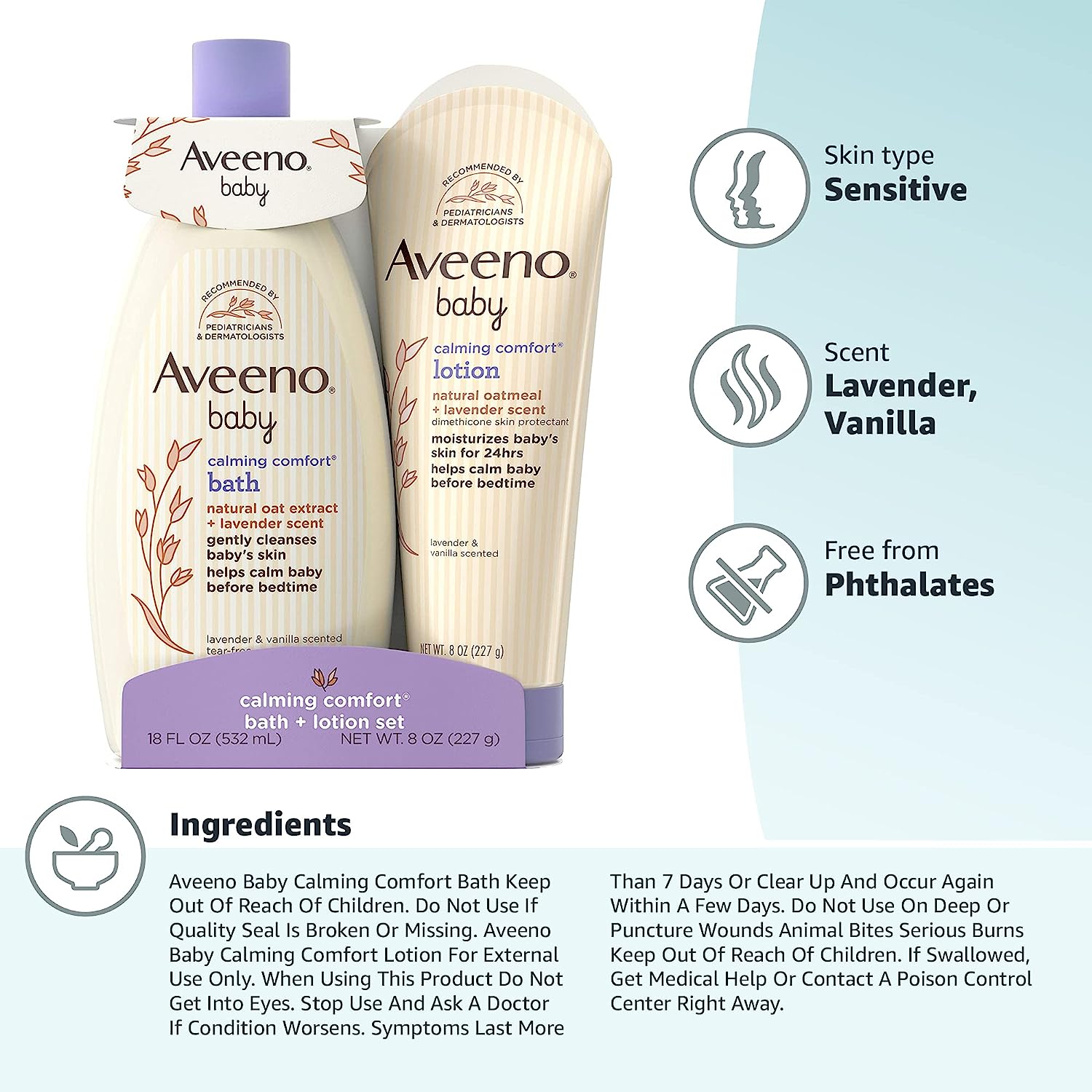 Aveeno Baby Calming Comfort Bath & Lotion Set, Night time Baby Skin Care Products with Natural Oat Extract, Lavender & Vanilla Scents, Paraben-Free, 2 Items - Image 10
